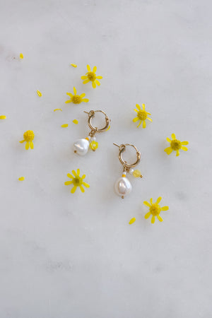 Pearl and Yellow Agate Hoops Gold Fill