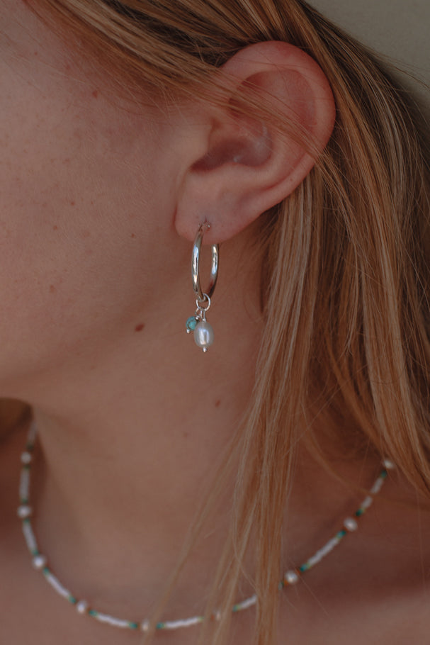Turquoise & Pearl Hoops - Sterling Silver
