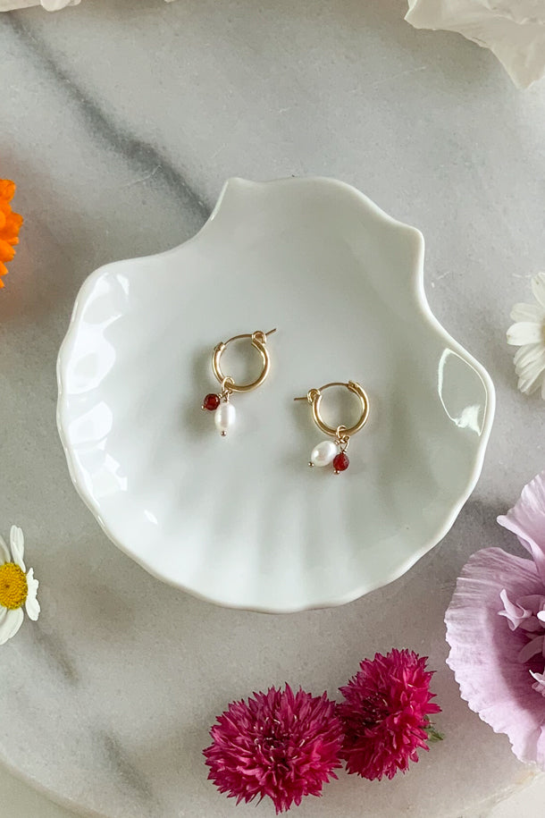 Red Agate & Pearl Hoops - Gold Fill