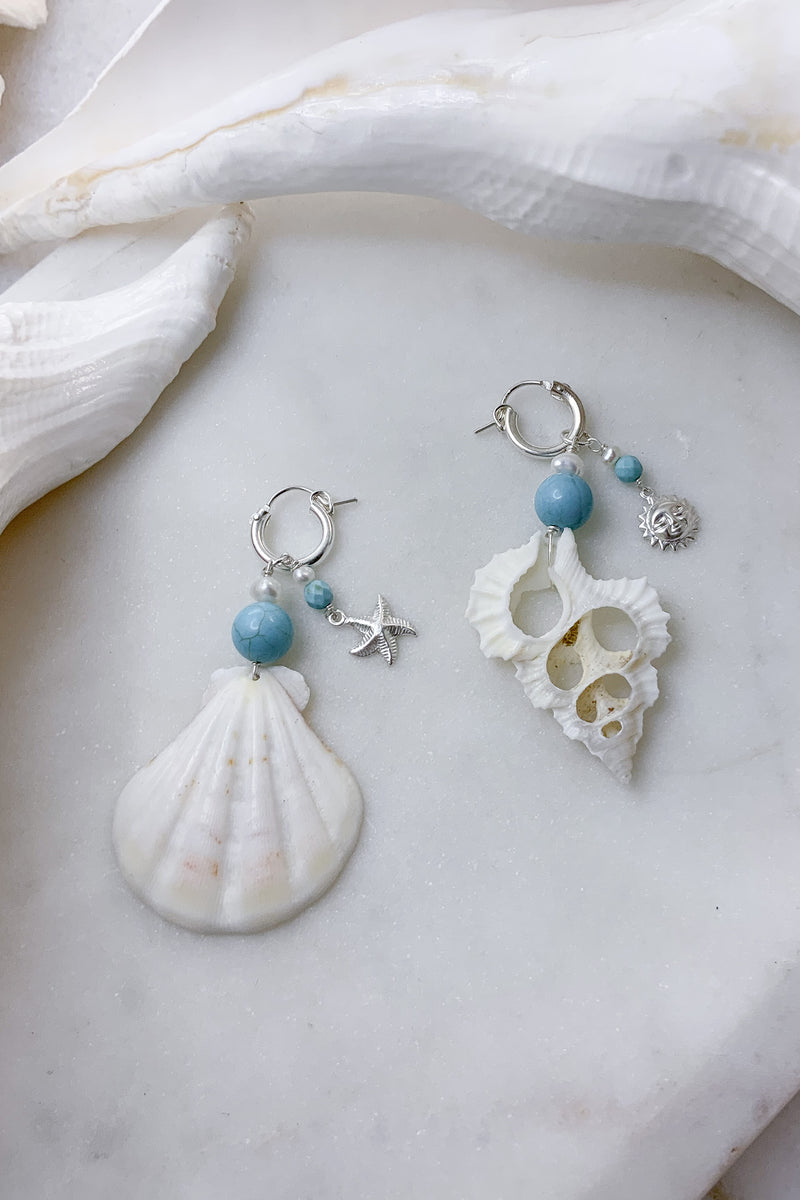 Castaway Turquoise Bead and Shell Hoops - Sterling Silver
