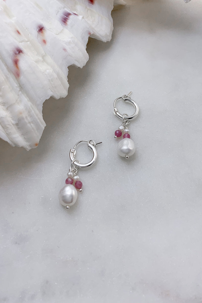 Two Pearl Pink Tourmaline Hoops - Sterling Silver