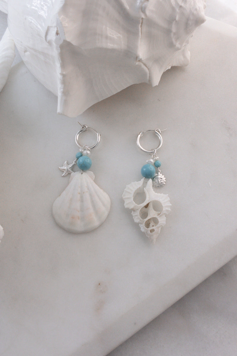 Castaway Turquoise Bead and Shell Hoops - Sterling Silver