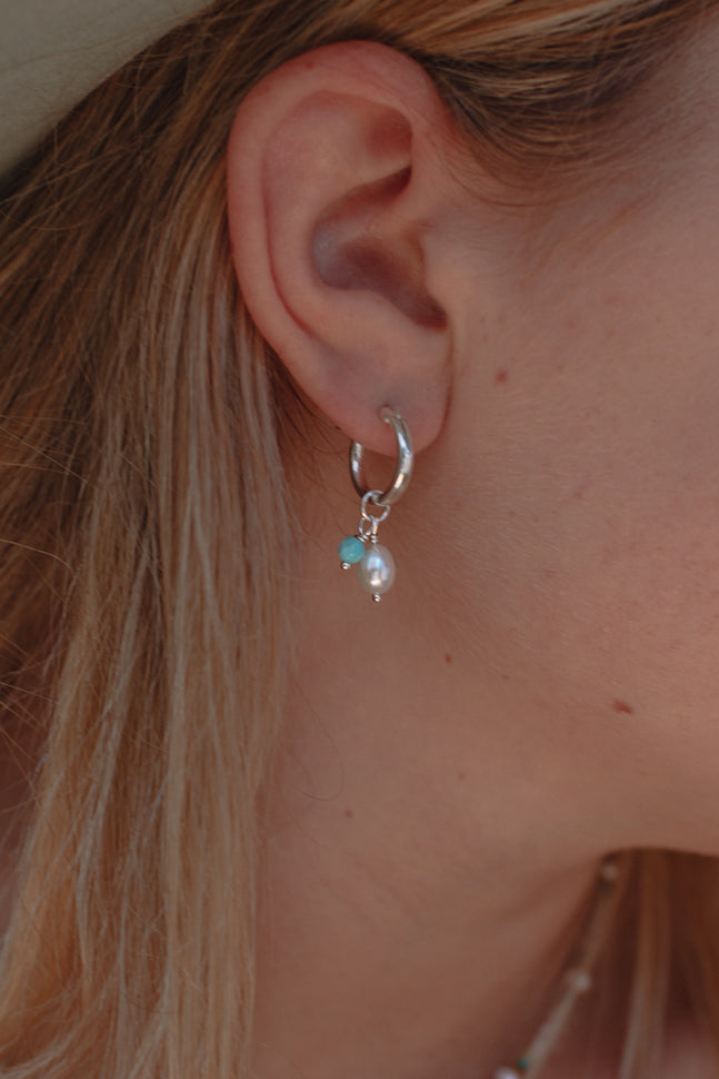 Turquoise & Pearl Hoops - Sterling Silver