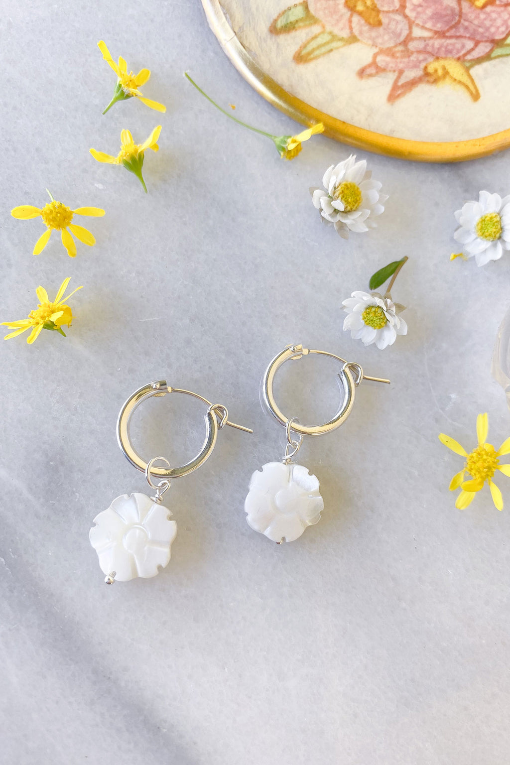 White Flower Hoops Sterling Silver