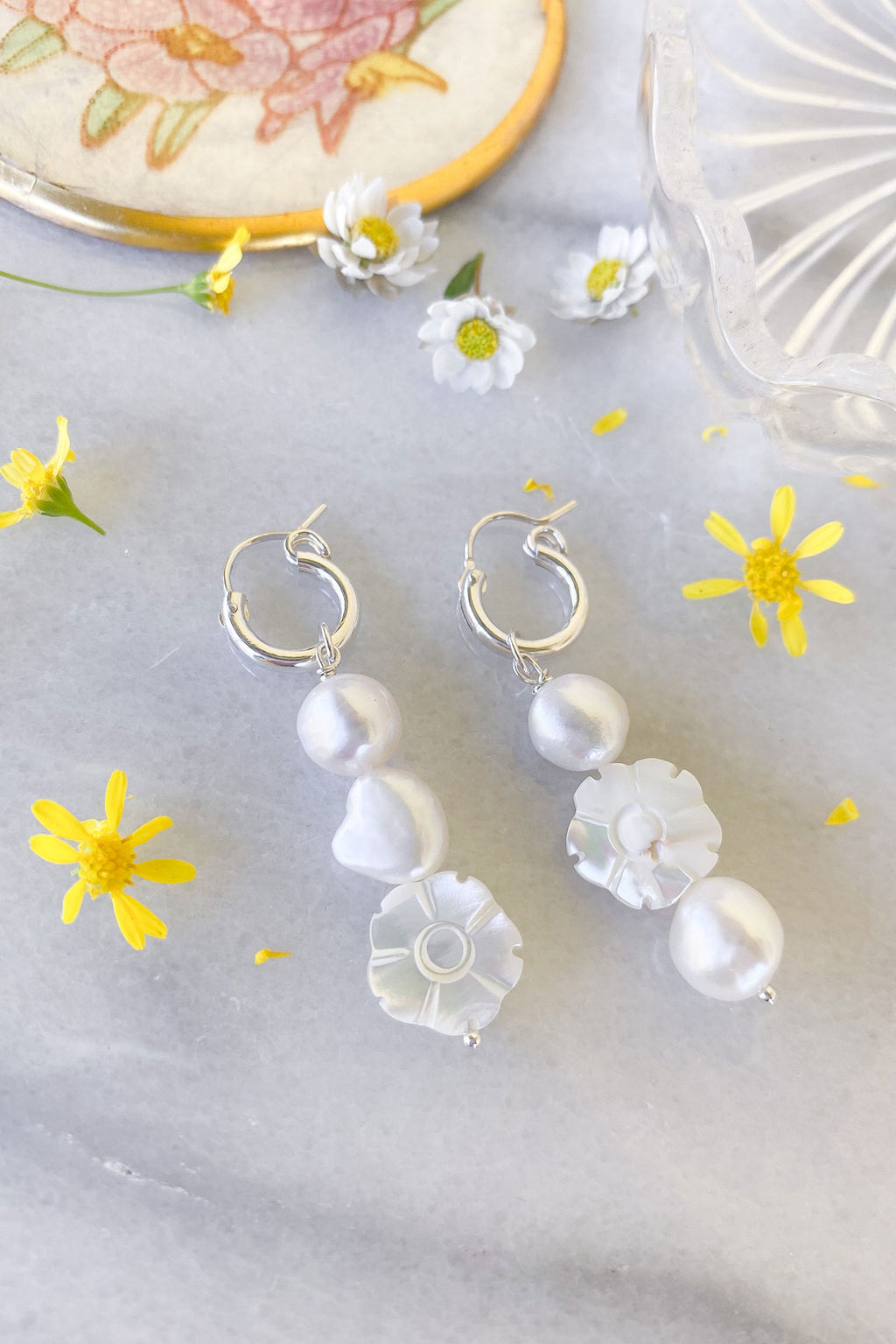 White Flower and Pearl Hoops Sterling Silver