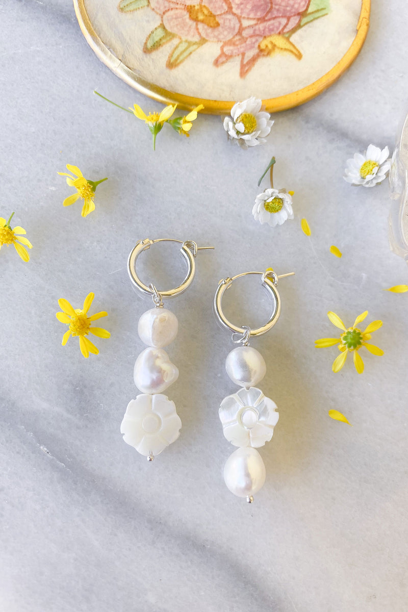 White Flower and Pearl Hoops Sterling Silver