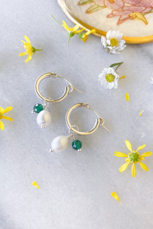 Pearl and Green Agate Hoops Sterling Silver