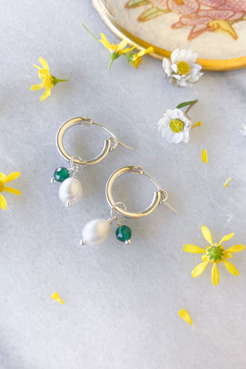 Pearl and Green Agate Hoops Sterling Silver