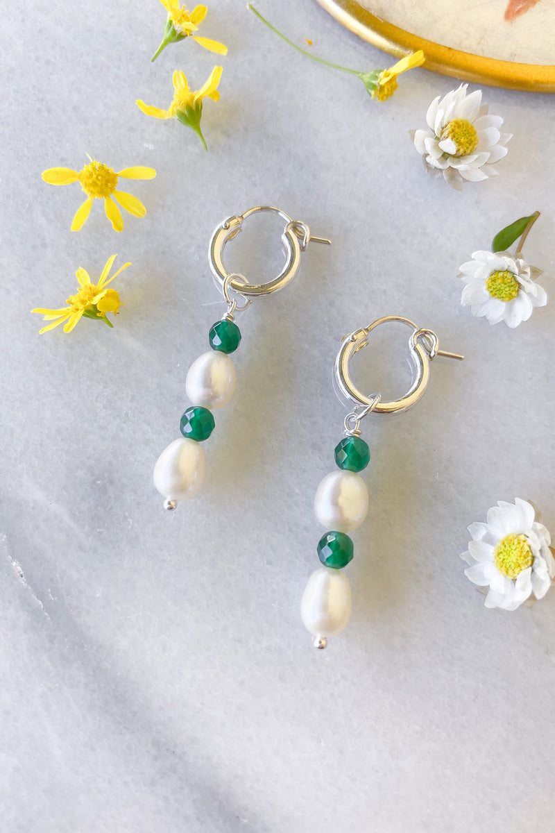 Pearl and Green Agate Stack Hoops Sterling Silver