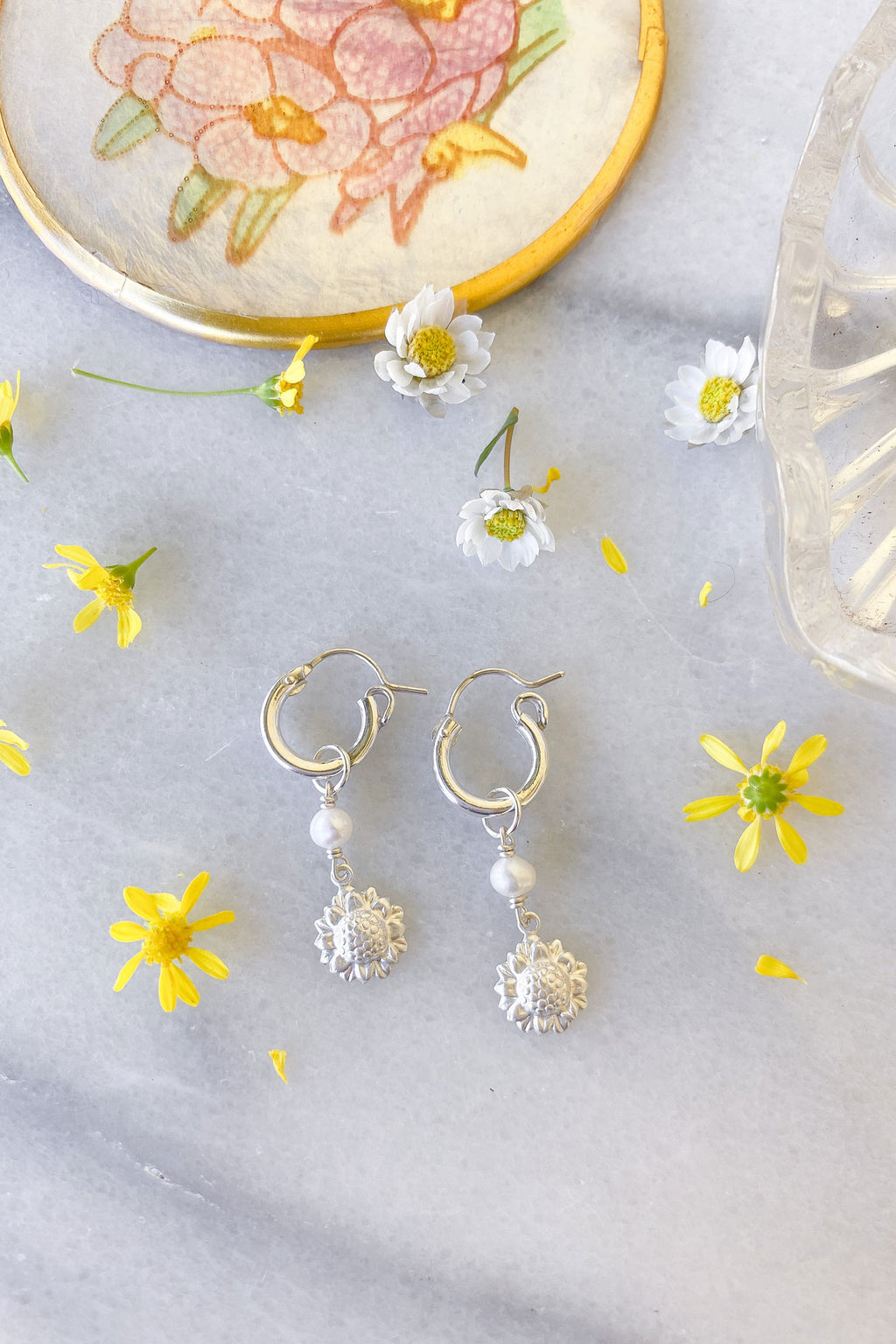 Sunflower and Pearl Hoop Sterling Silver