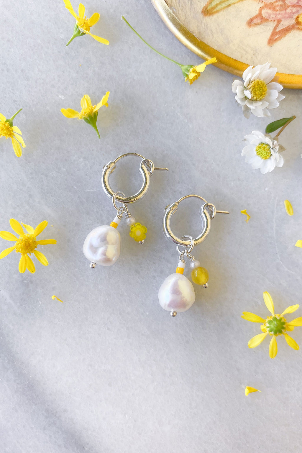 Pearl and Yellow Agate Hoops Sterling Silver
