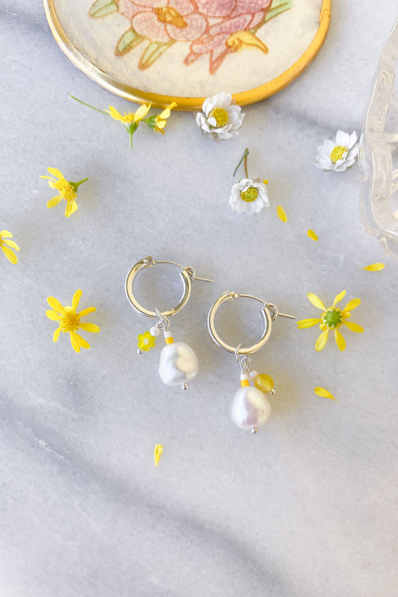 Pearl and Yellow Agate Hoops Sterling Silver