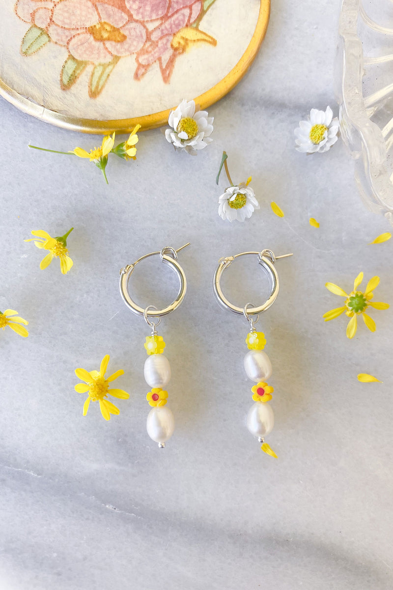 Pearl and Yellow Flower Stack Hoops Sterling Silver