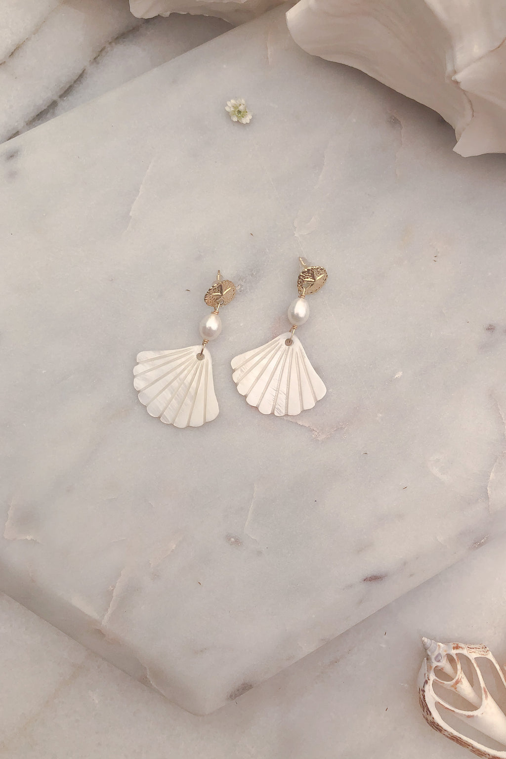 Sand Dollar Pearl and Mother of Pearl Stud Earrings - Gold Fill