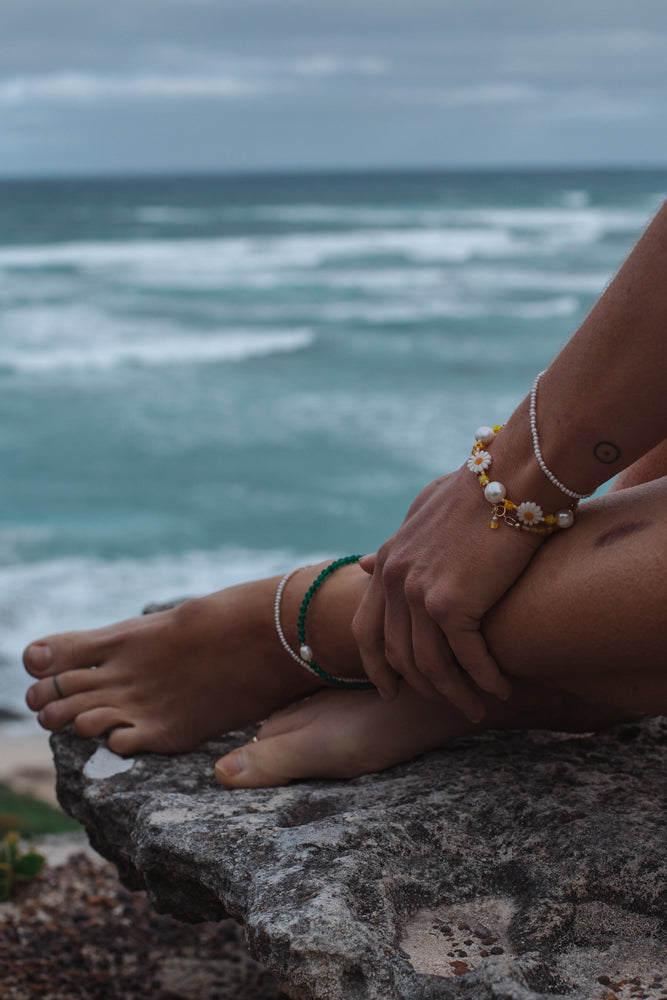 Green Agate and Pearl Anklet Gold Fill