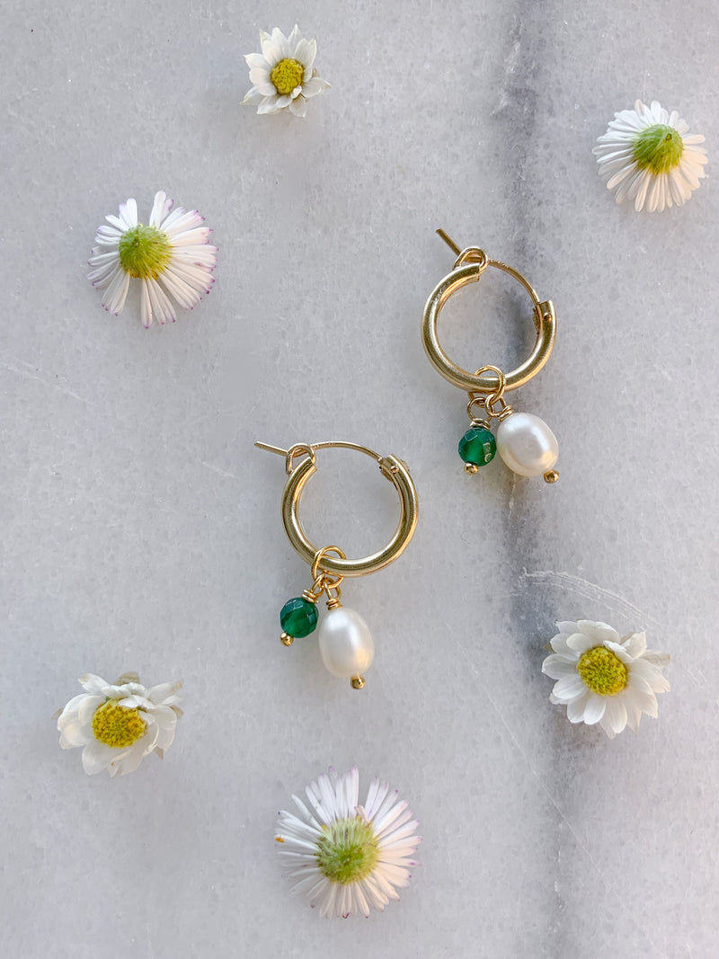 Pearl and Green Agate Hoops Gold Fill