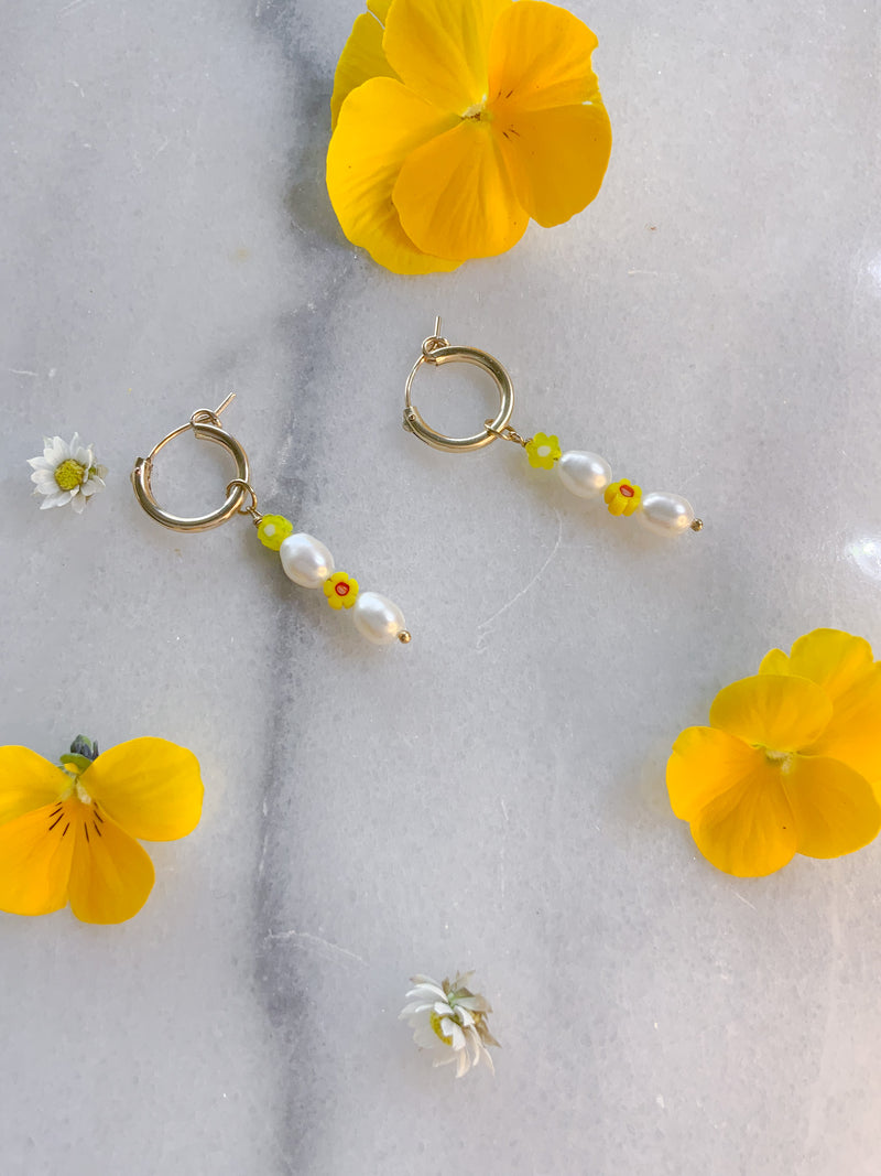 Pearl and Yellow Flower Stack Hoops Gold Fill