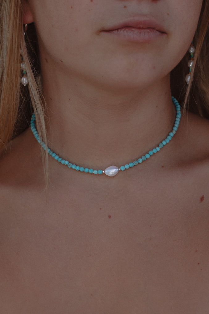 Turquoise & Pearl Necklace- Sterling Silver