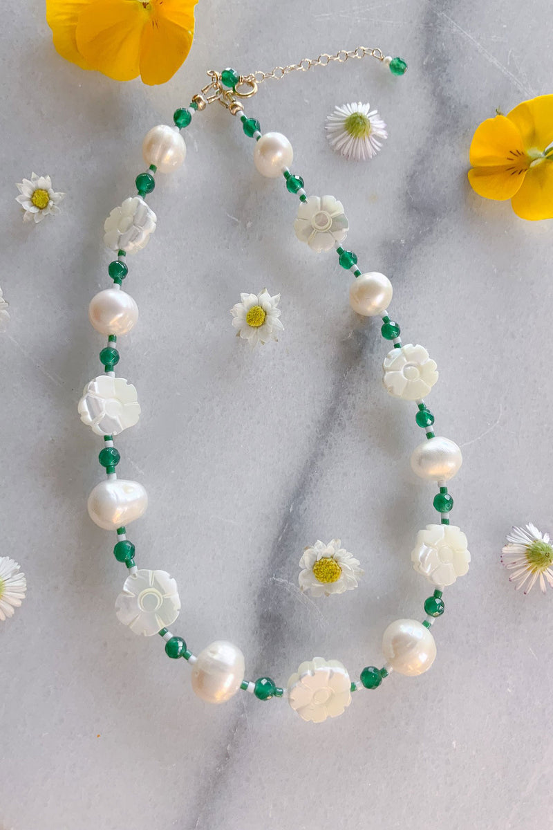 White Flower and Pearl Green Agate Choker - Gold Fill