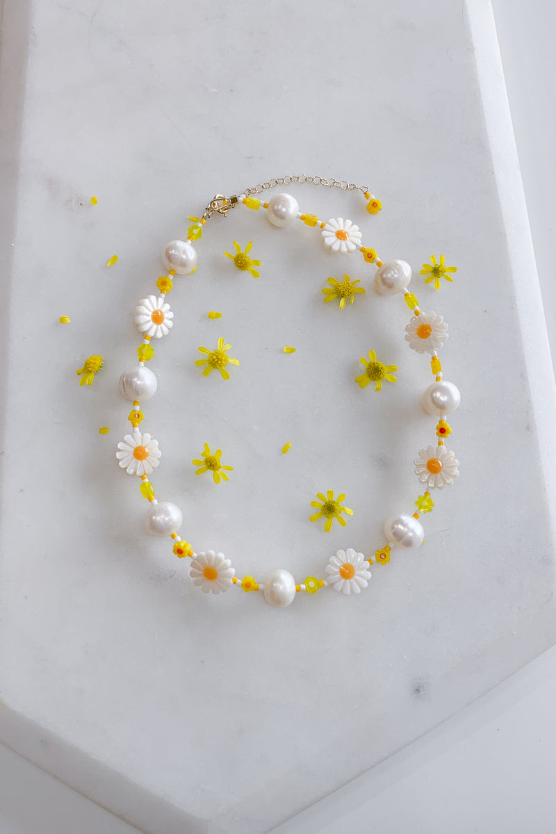 Daisy and Pearl Bead Choker - Gold Fill