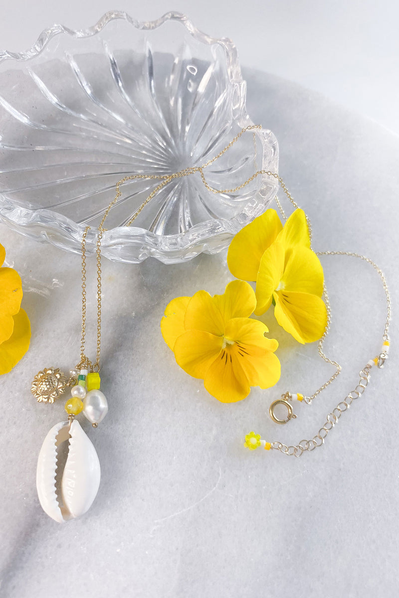 Cowrie Pearl Flower Necklace Gold Fill
