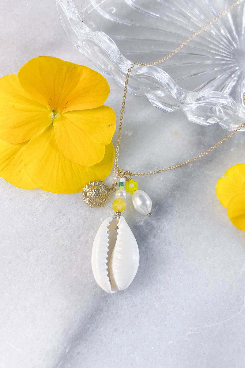 Cowrie Pearl Flower Necklace Gold Fill