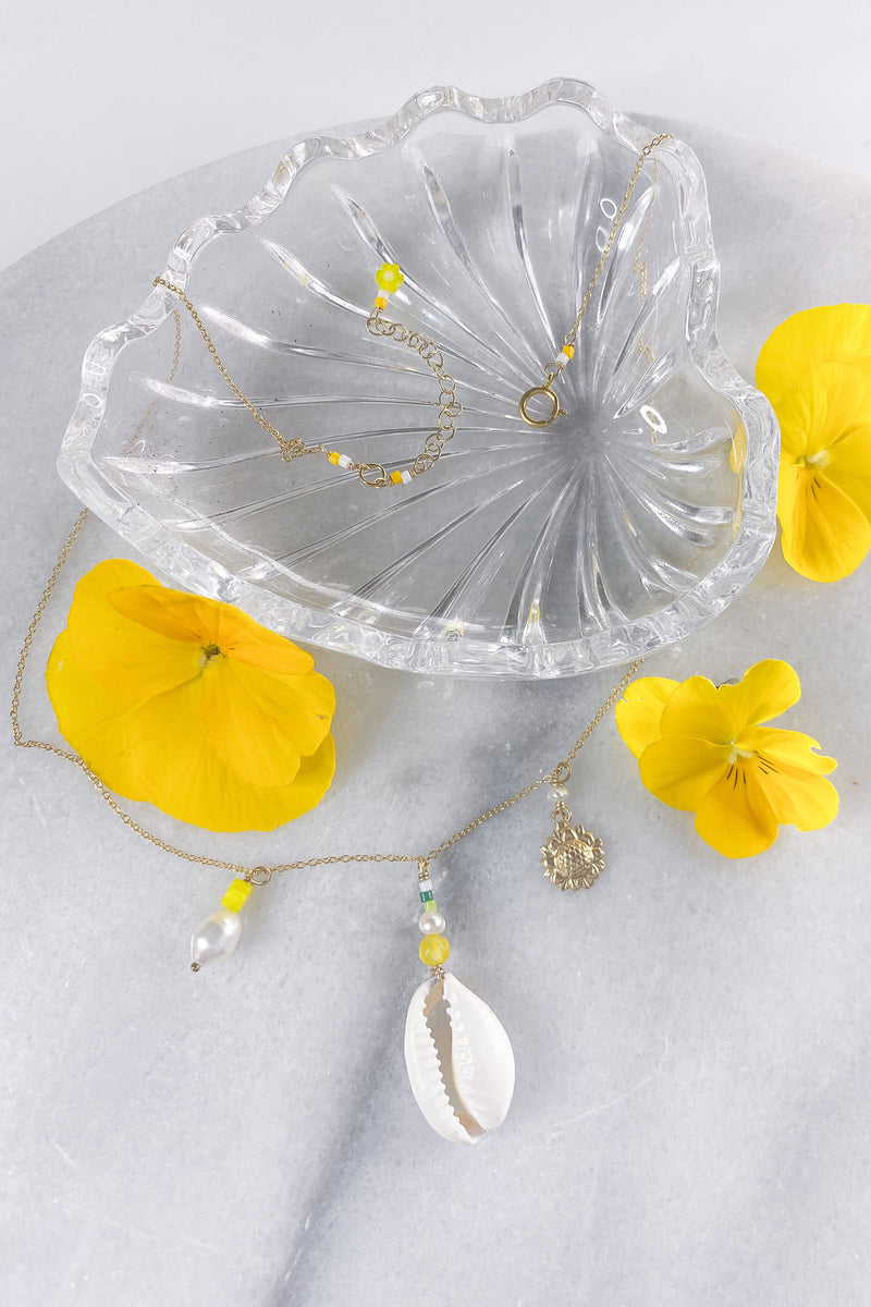 Cowrie Pearl Flower Necklace Gold Fill