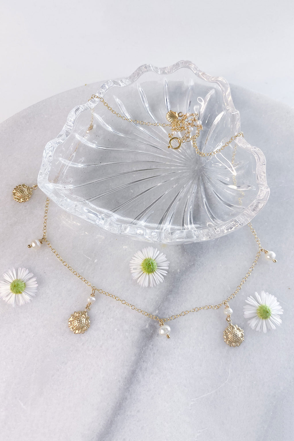 Sunflower and Pearl Charm Necklace Gold Fill