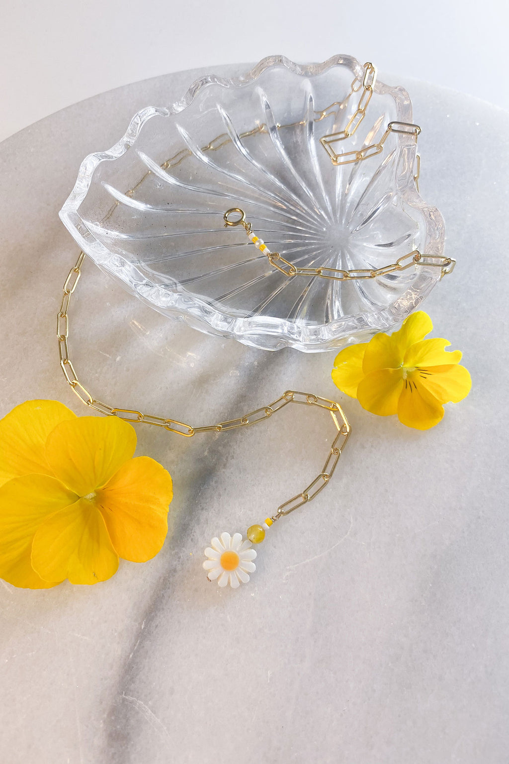 Yellow Daisy Paper Clip Chain Necklace Gold Fill