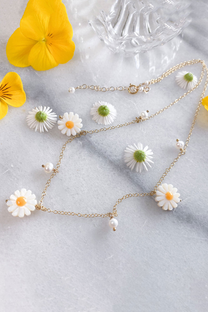 Pearl and Daisy Charm Necklace Gold Fill