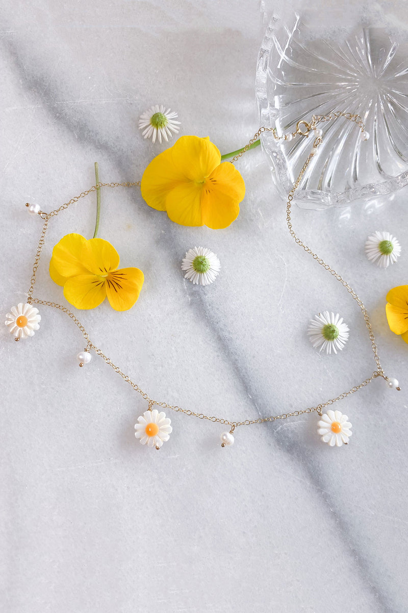 Pearl and Daisy Charm Necklace Gold Fill