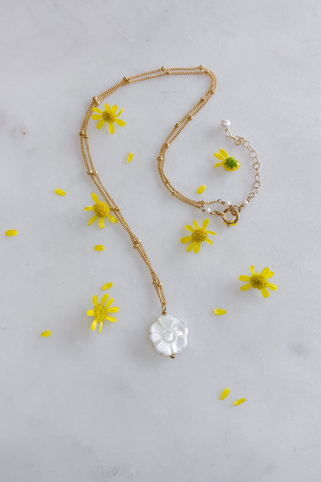 White Flower Satellite Necklace Gold Fill