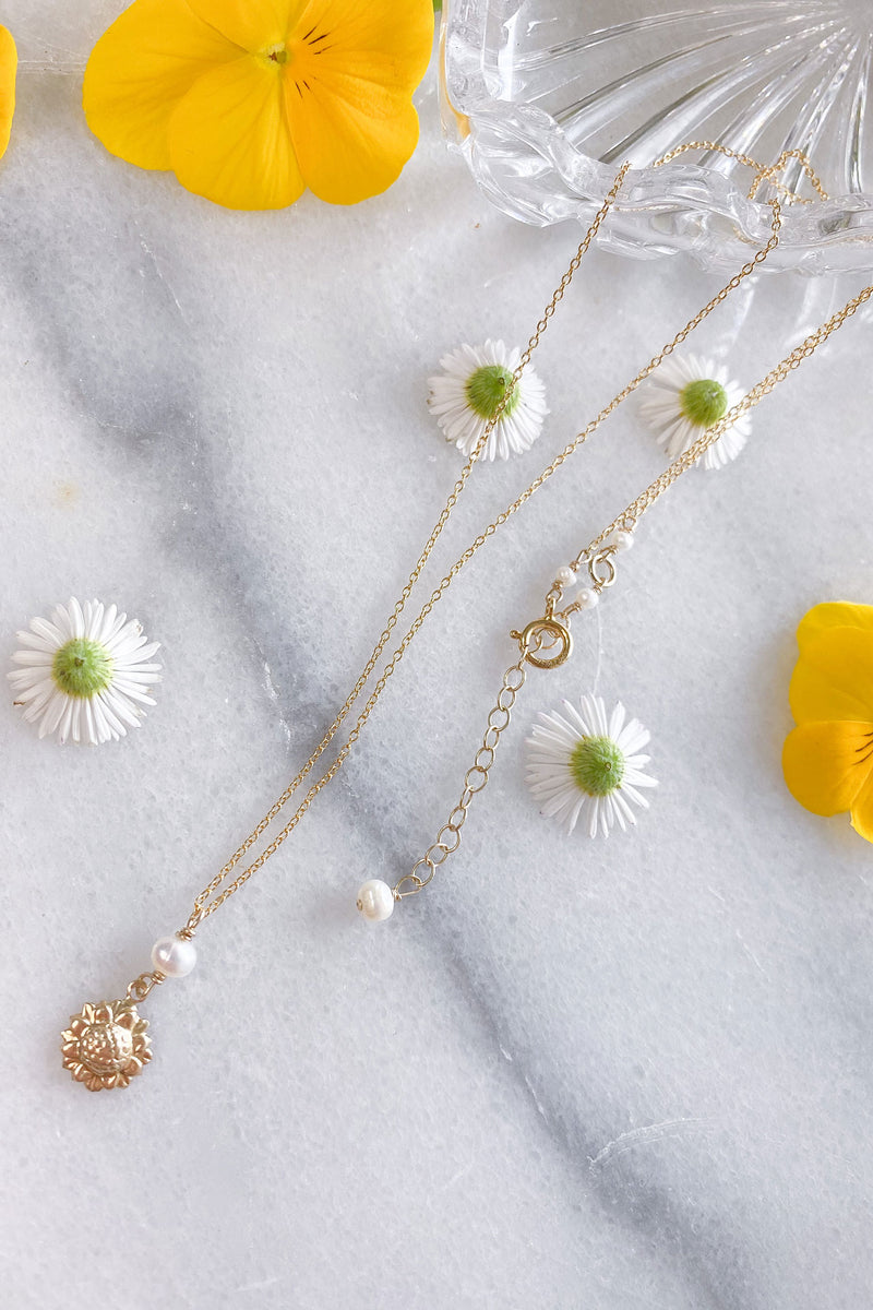 Sunflower Pearl Necklace Gold Fill