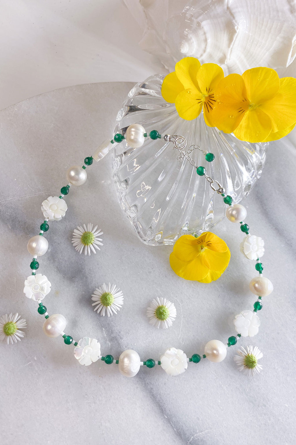 White Flower and Pearl Green Agate Choker - Sterling Silver