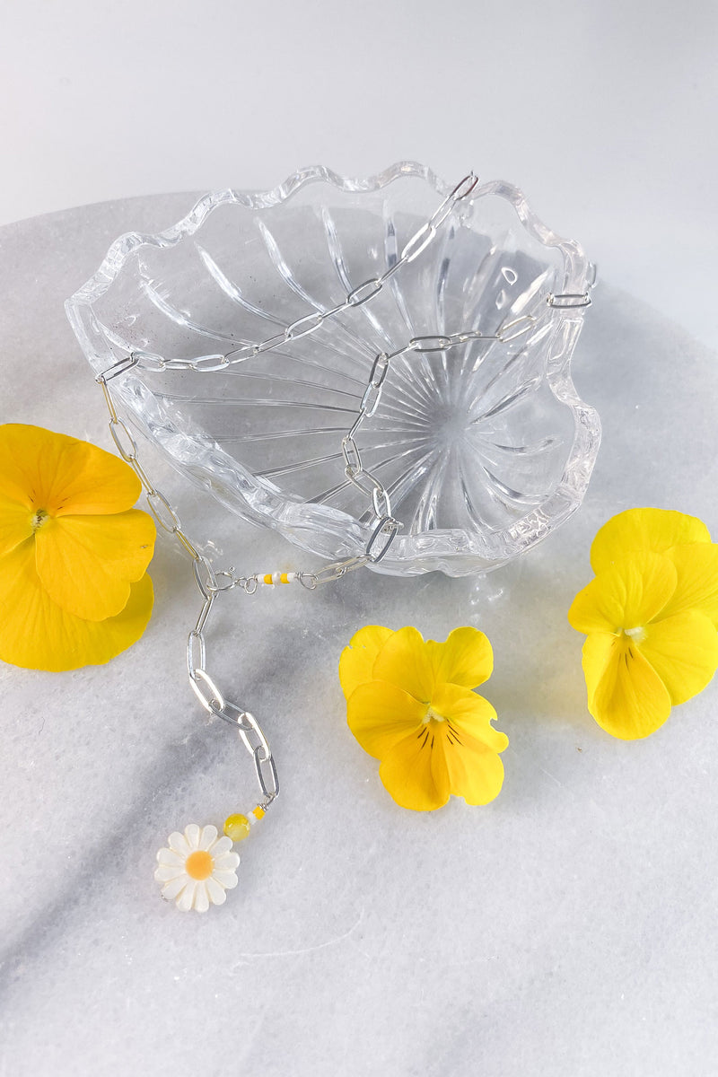 Yellow Daisy Paper Clip Chain Necklace Sterling Silver