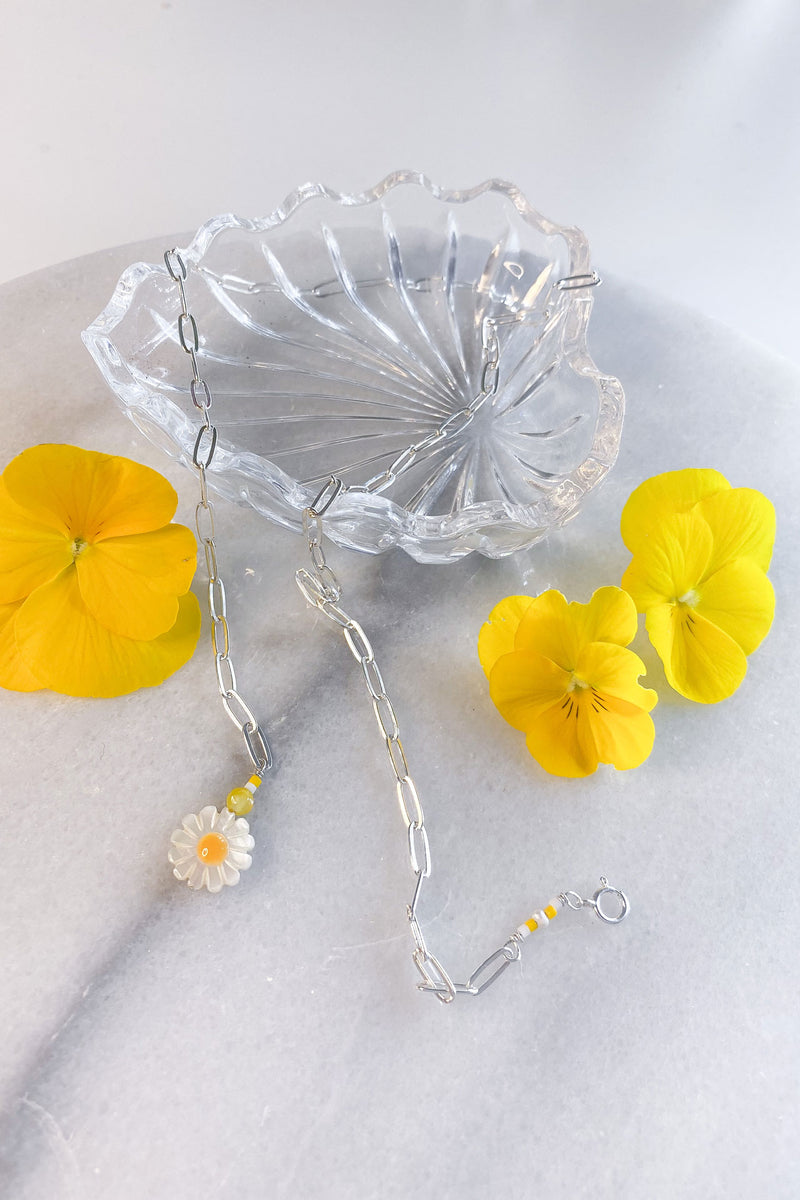 Yellow Daisy Paper Clip Chain Necklace Sterling Silver