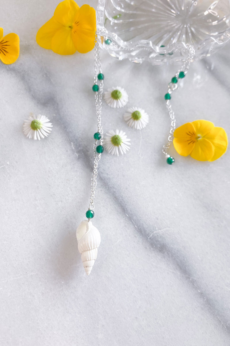 Green Agate Cone Shell Necklace Sterling Silver