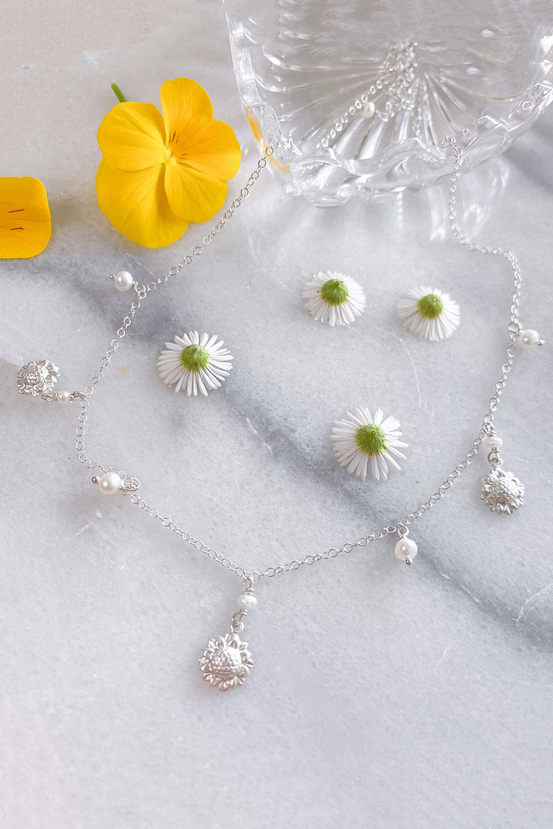 Sunflower and Pearl Charm Necklace Sterling Silver