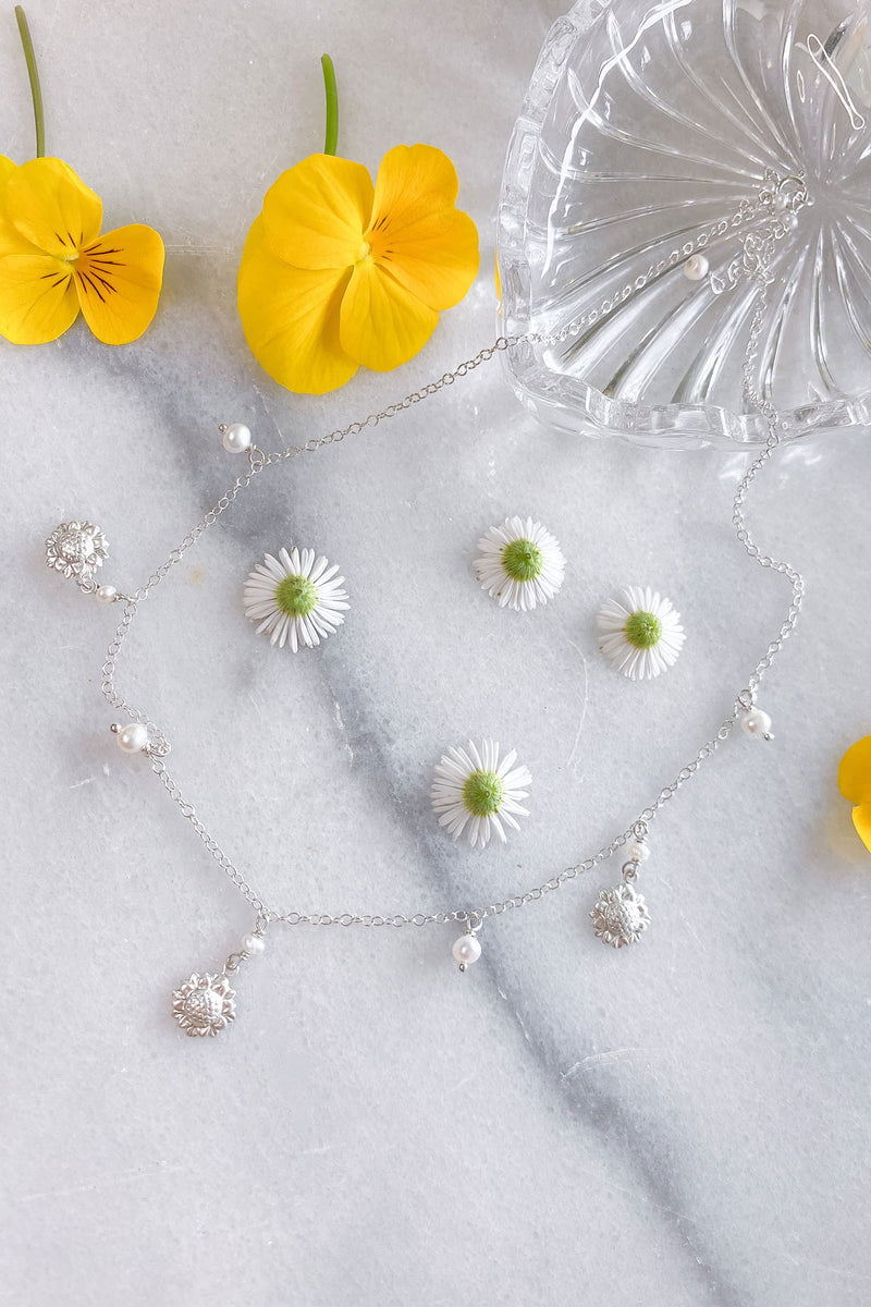 Sunflower and Pearl Charm Necklace Sterling Silver