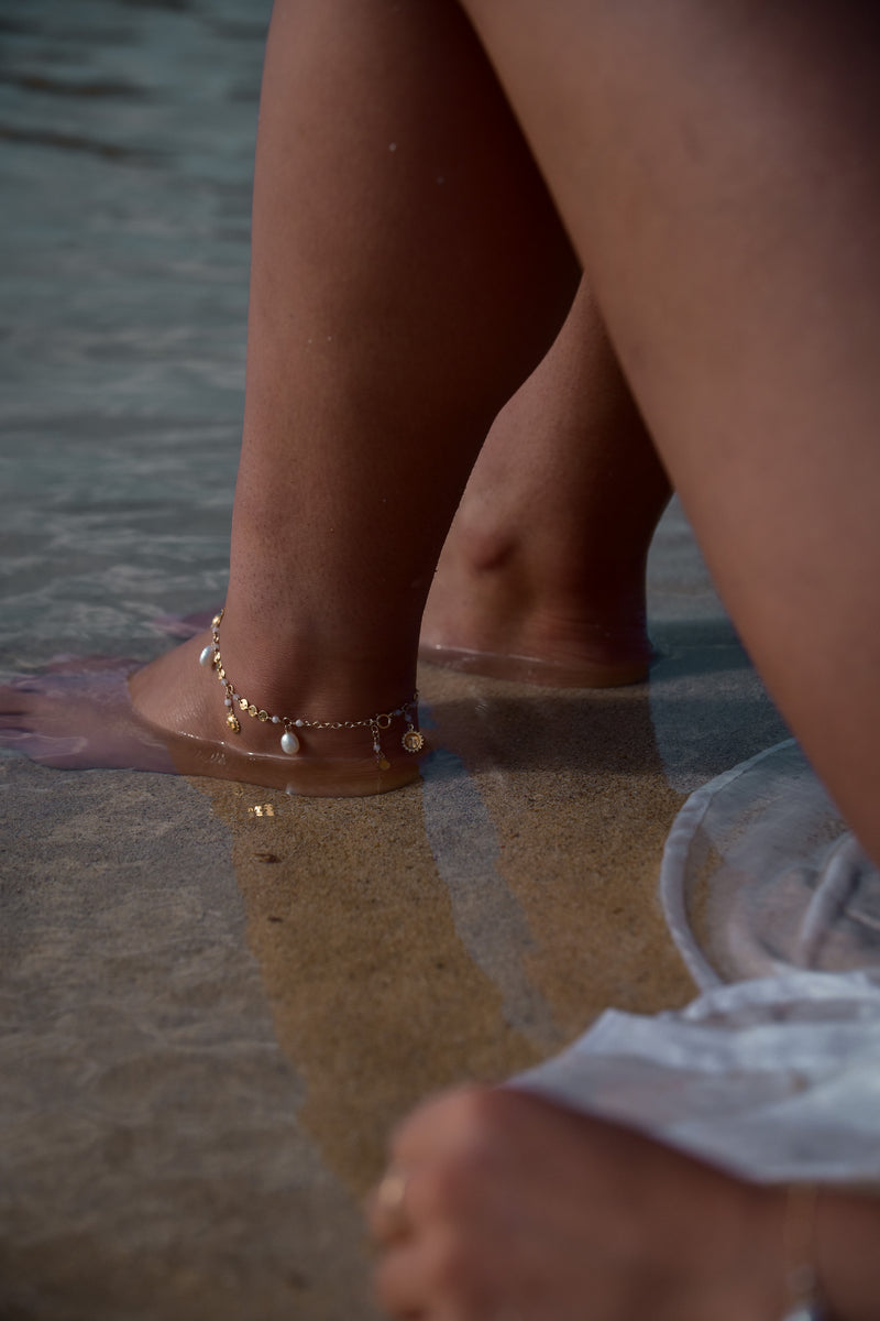 Sun Pearl Disc Anklet - Gold Fill