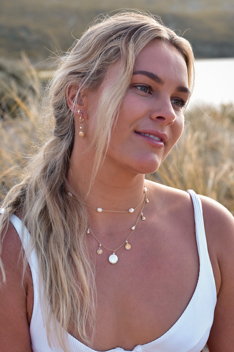 Round Pearl Sun and Shell Necklace - Gold Fill