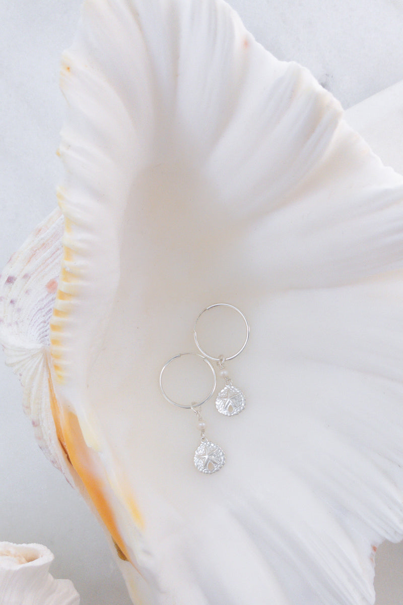 Sand Dollar Pearl Hoops - Sterling Silver