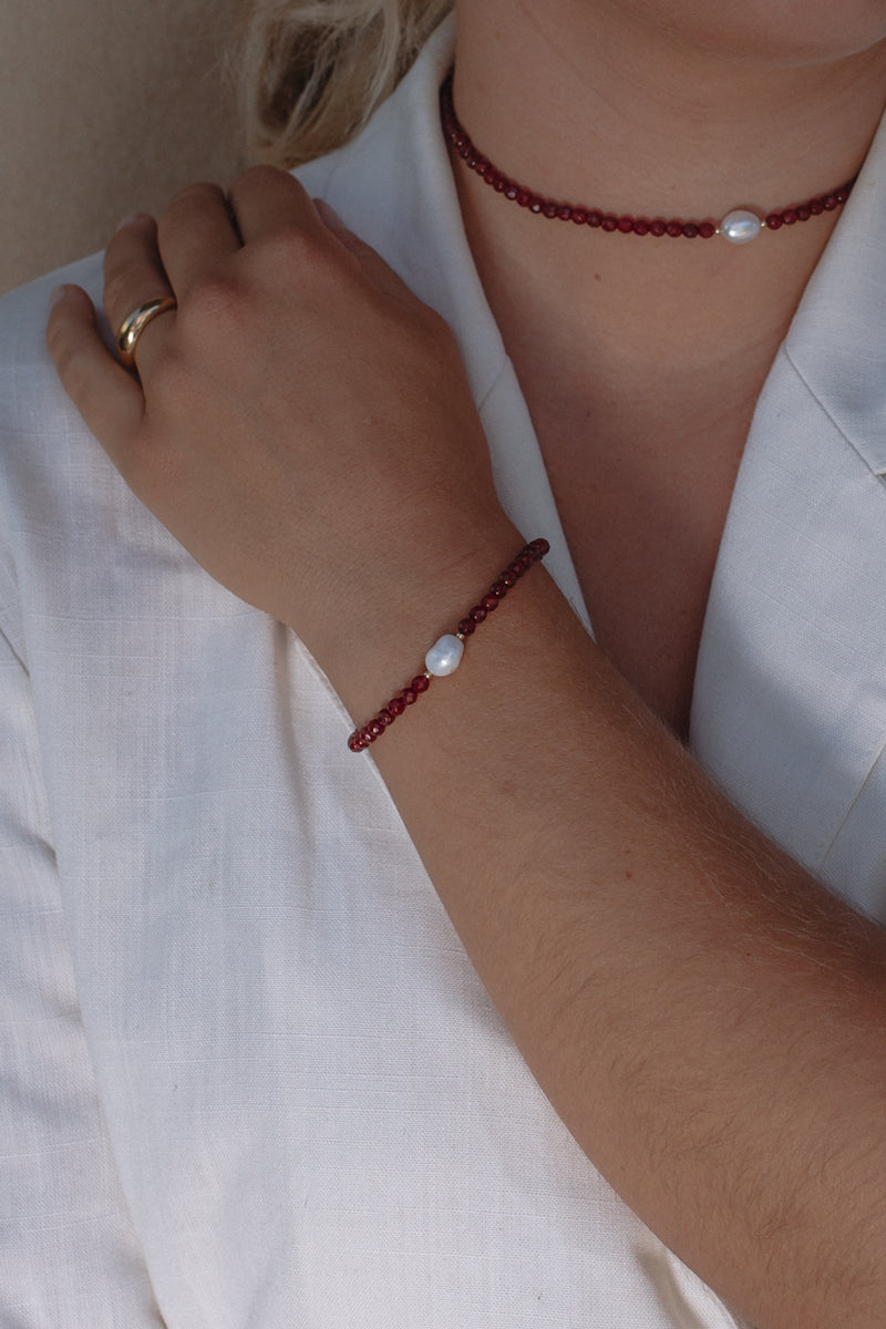 Red Agate & Pearl Bracelet- Gold Filled