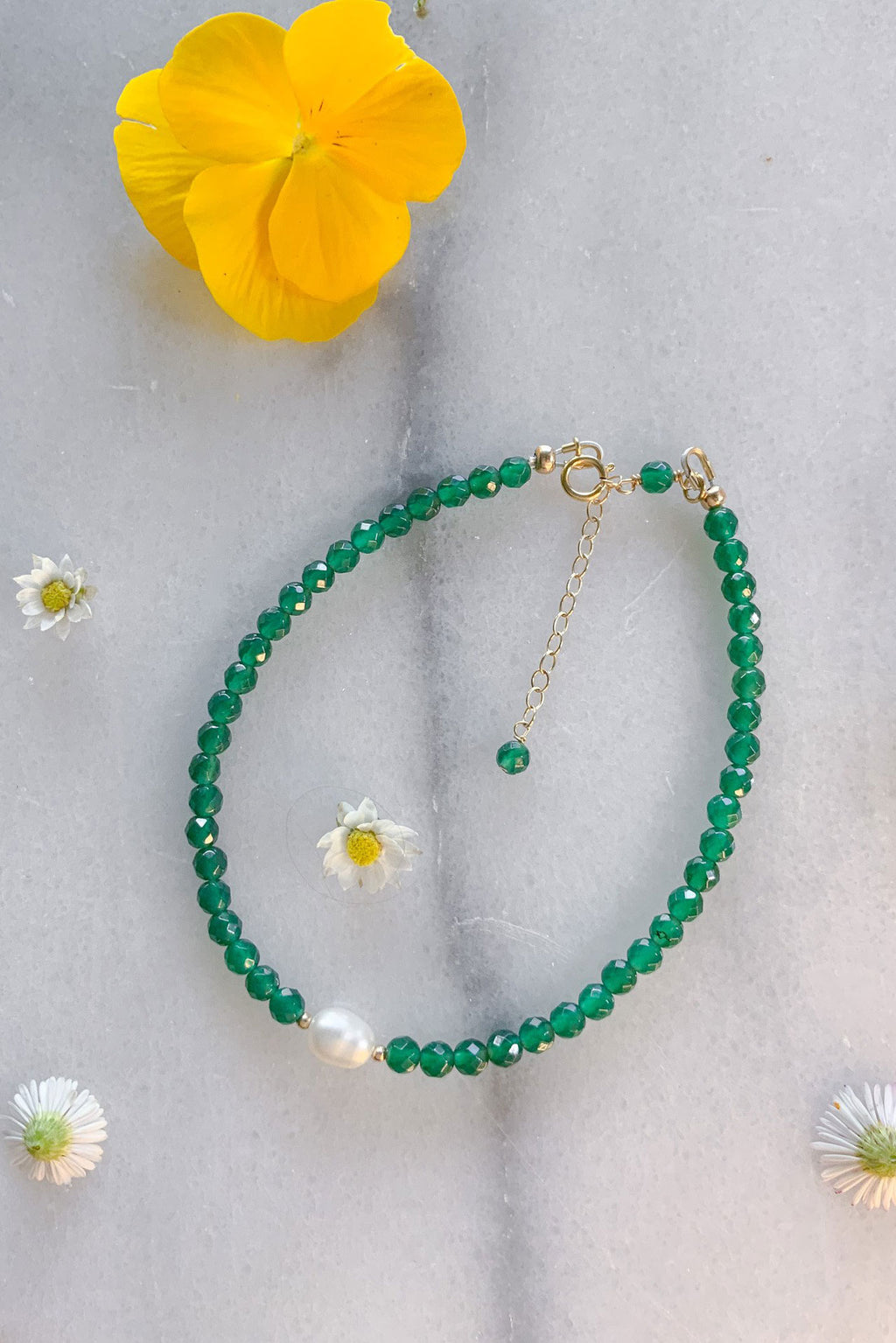 Green Agate and Pearl Anklet Gold Fill