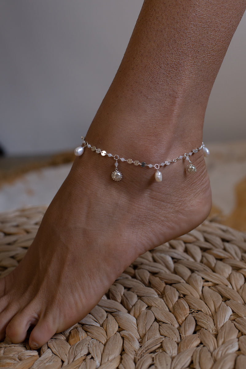 Sun Pearl Disc Anklet - Sterling Silver