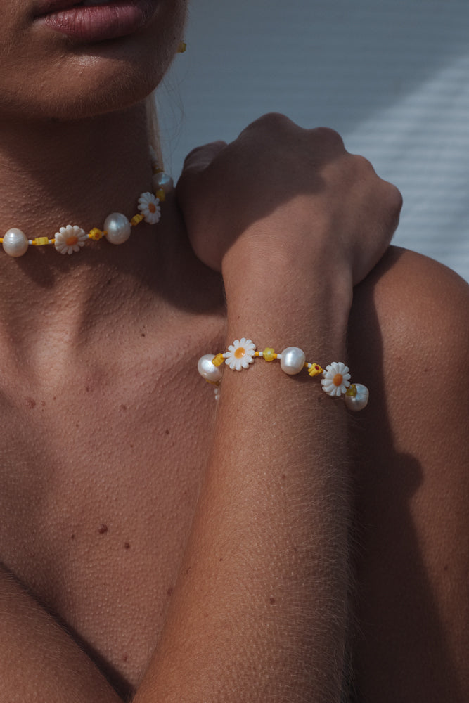 Daisy and Pearl Bead Bracelet - Sterling Silver