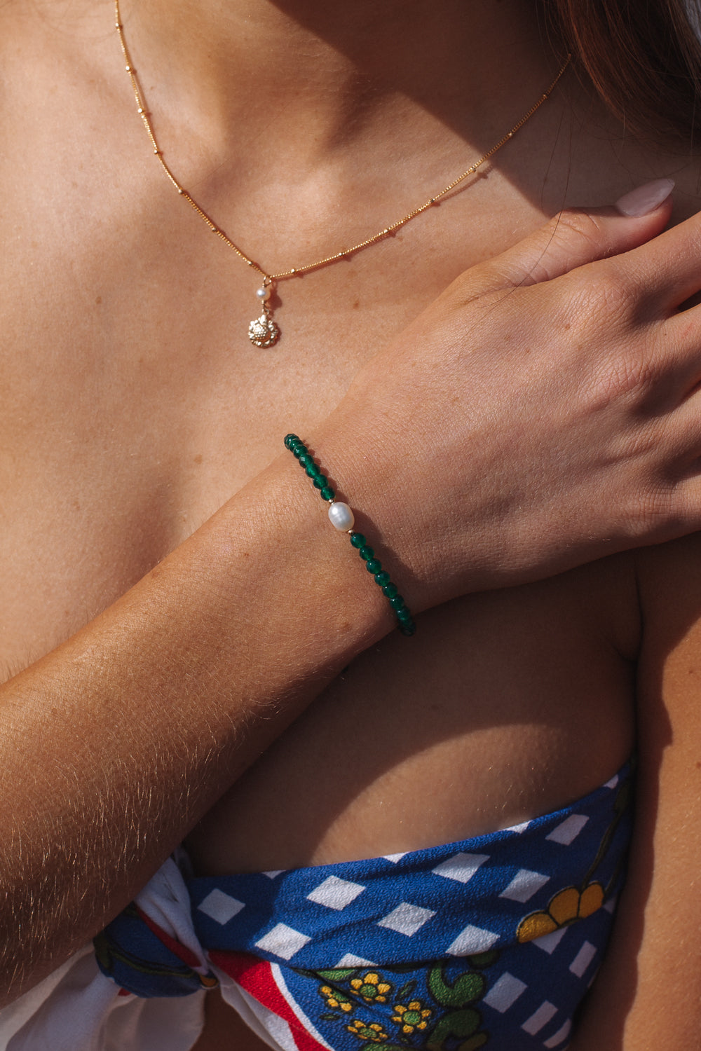 Green Agate and Pearl Bracelet Gold Fill