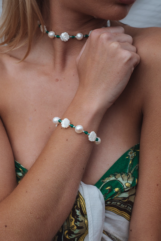 White Flower and Pearl Green Agate Bracelet - Sterling Silver