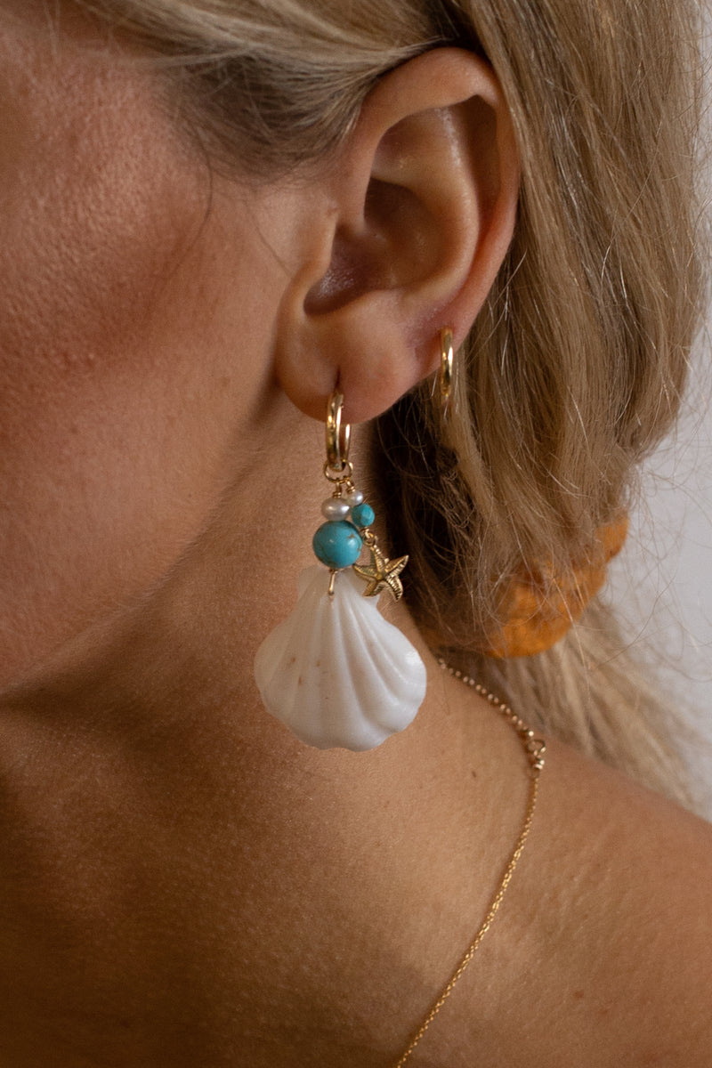 Castaway Turquoise Bead and Shell Hoops - Gold Fill