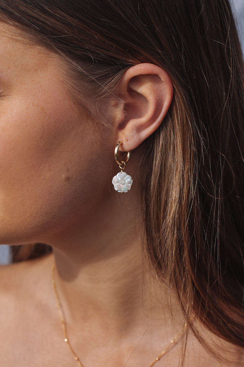 White Flower Hoops Gold Fill